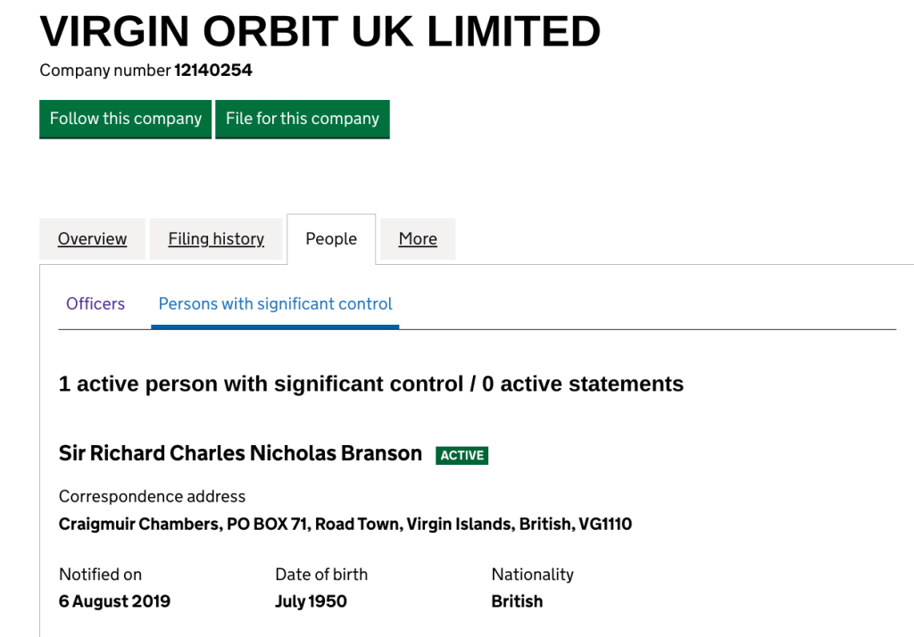 Virgin Orbit UK ltd. on Companies House