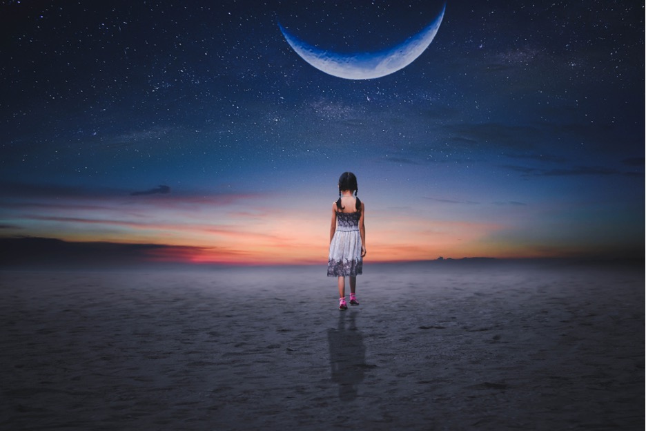 girl, walking under the moon light