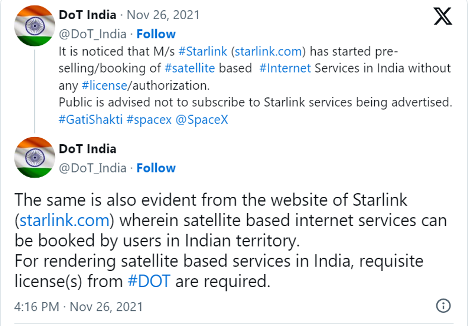 Dot India advises Indian citizens not to order Starlink