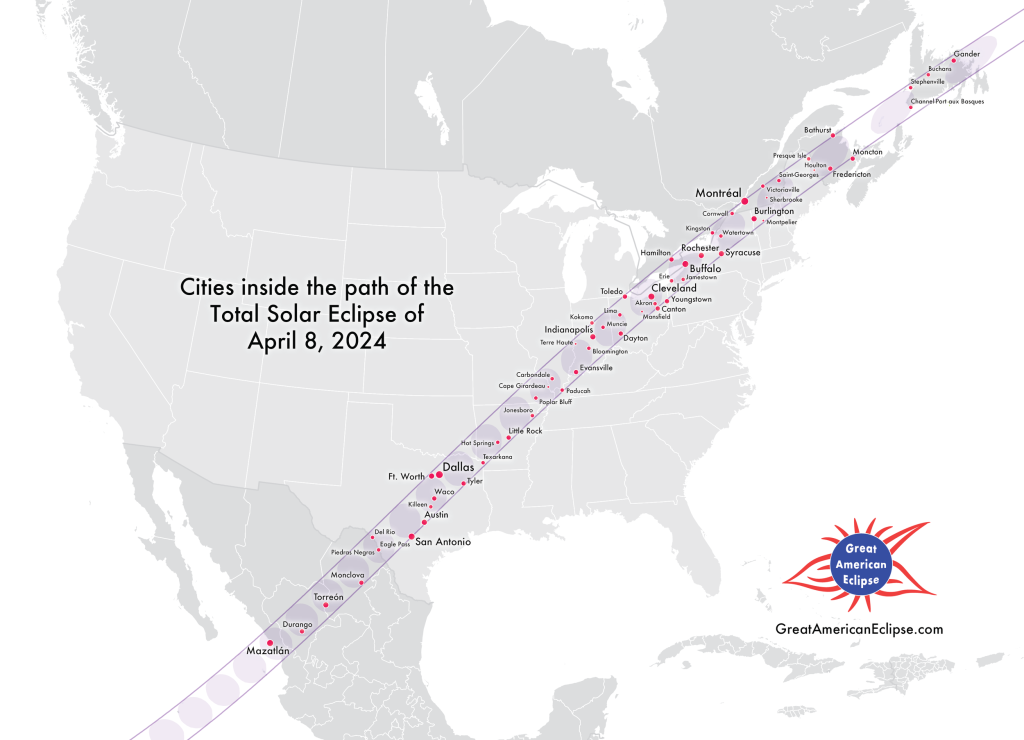 Cities inside the path of total solar eclipse