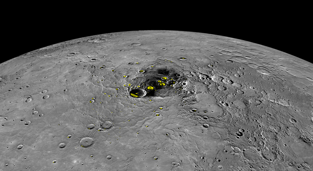 This orthographic projection view provides a look at Mercury's north polar region.