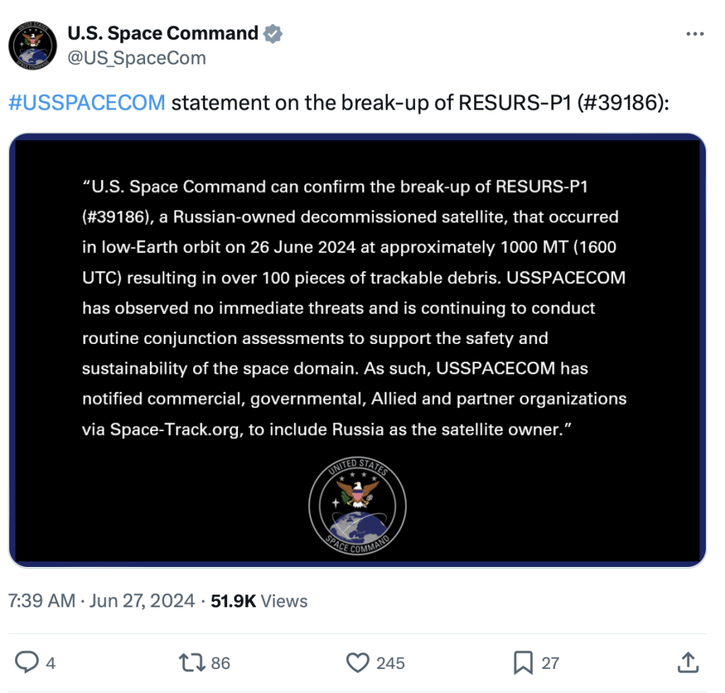 U.S.Space Command statement