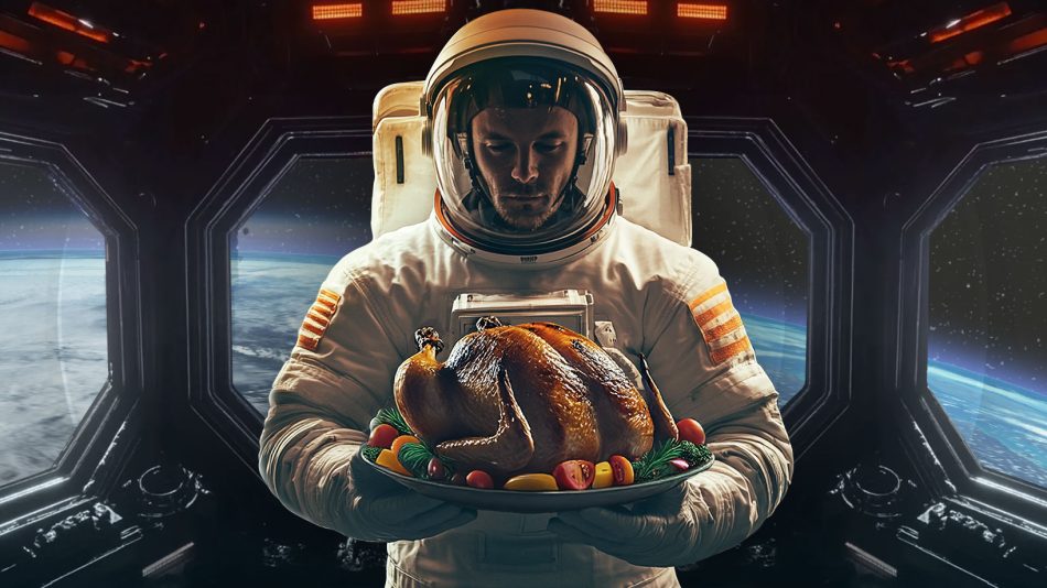 Thanksgiving dinner recreation image in space context