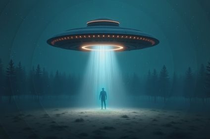 UFO hovering over forest abducting human with bright tractor beam at night under starry sky