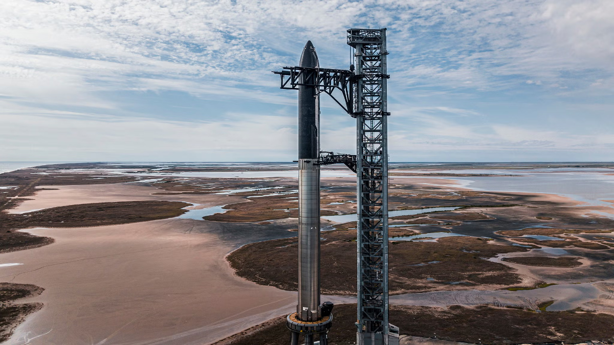 Rocket preparing for launch at the SpaceX Starbase launch site