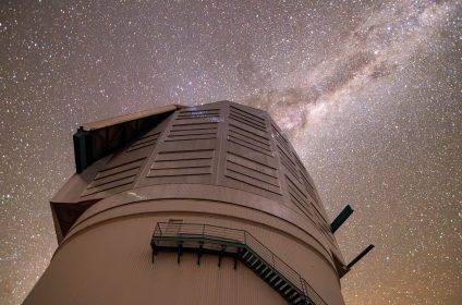The glow of the Milky Way reflects off of NSF–DOE Rubin Observatory's silver dome in this photo from May 2025.
